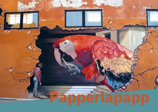 Postkarte Kulturjournalismus "Papperlapapp", Graffiti auf Wand mit Papageienmotiv